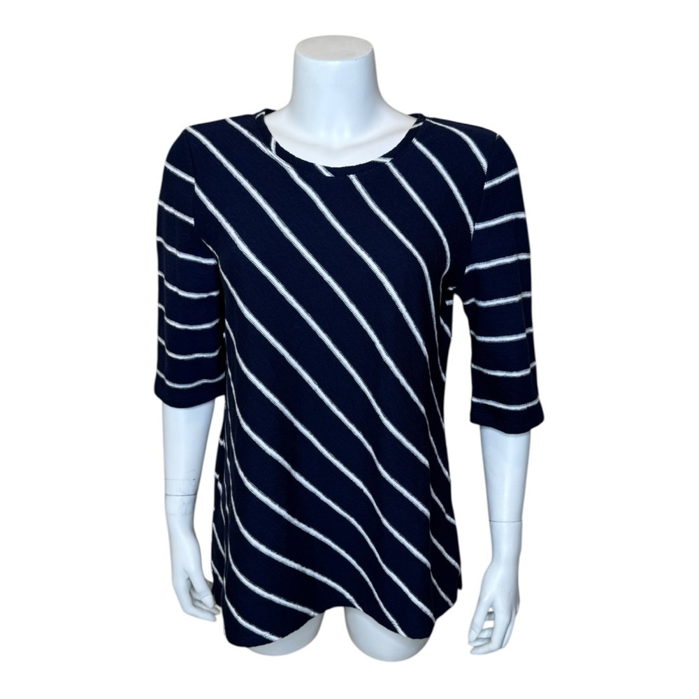 Habitat Diagonal Striped Top Tee M Elbow Sleeve Navy Blue White